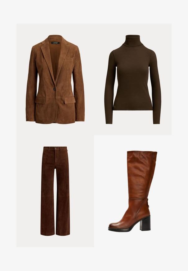 Brun ruskind single-knap blazer med notched revers, to frontklaplommer og en brystlomme fra Lauren Ralph Lauren.; Mørkebrunt langærmet ribstrikket polotrøje med tætsiddende silhuet og lille logo nær den nederste kant foran på venstre side.; Brune ruskindsbukser med lige ben, bæltestropper og knaplukning i taljen, vist mod en ensfarvet baggrund.; Brune læder knæhøje støvler med rund tå, chunky sort hæl og subtile syninger foran og bagpå.