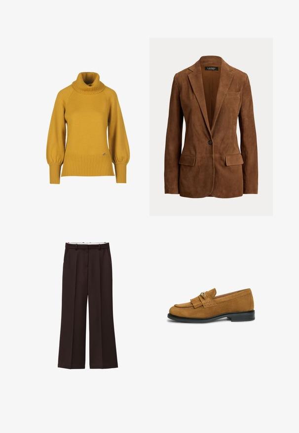 Blazer en daim marron à un bouton, avec revers crantés, deux poches à rabat devant, et une poche poitrine passepoilée signé Lauren Ralph Lauren.; Pull en maille jaune moutarde avec un col remonté en côtes, des manches raglan et un ourlet côtelé. Présente un petit logo métallique en accent.; Pantalons à jambe large en tissu brun foncé, dotés d'une taille haute, de plis doubles et de poches latérales. Texture lisse avec passants de ceinture.; Mocassin en daim marron avec détail de franges et chaînette dorée sur semelle noire, vue latérale.