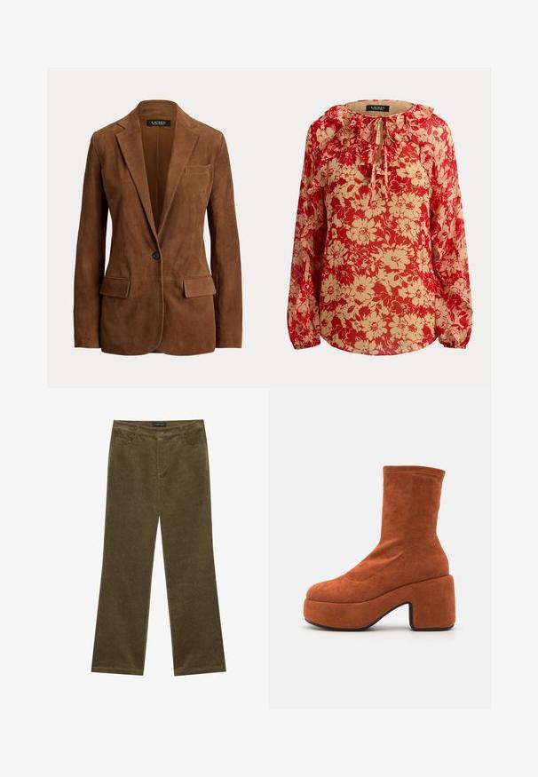 Brun ruskind single-knap blazer med notched revers, to frontklaplommer og en brystlomme fra Lauren Ralph Lauren.; Langærmet let bluse med rødt og beige blomsterprint, flæsekant ved halsen og bindelukning foran.; Olivengrønne fløjl bukser med flared ben, fem lommer, synlig syning og knaplukning i taljen for en sikker pasform.; Brune ruskind ankelstøvler med blokhæl og platformssål. Overdelen har en glat tekstur og syninger, der strækker sig til midten af læggen.
