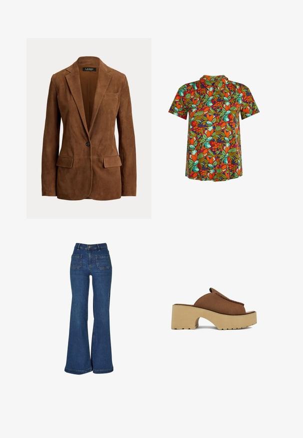 Brauner Wildleder-Ein-Knopf-Blazer mit Kerbklappen, zwei vorderen Klappentaschen und einer Brusttasche von Lauren Ralph Lauren.; Kurzärmeliges Hemd zum Knöpfen mit lebhaftem Muster aus orangefarbenen, grünen und blaugrünen Früchten und Blättern auf dunklem Hintergrund.; Hoch taillierte blaue Jeans mit weitem Schlag, aufgesetzten Fronttaschen, Gürtelschlaufen und Knopfverschluss.; Brauner Slip-On-Mule mit genähtem Obermaterial und klobigem beigem Plateauabsatz, Seitenansicht vor weißem Hintergrund.