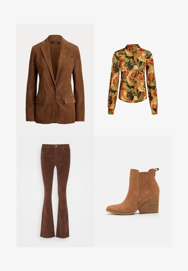 Blazer marrón de ante con un solo botón, solapas con muesca, dos bolsillos delanteros con solapa y un bolsillo en el pecho de Lauren Ralph Lauren.; Camisa de manga larga con un vibrante estampado floral en naranja, rojo y verde azulado sobre un fondo negro y beige, con un diseño de botones.; Jeans de pana marrones acampanados con una textura suave, cinco bolsillos y un único botón de metal en la cinturilla.; Botín de ante marrón con puntera puntiaguda, paneles laterales acanalados y tacón apilado. Cuenta con una solapa para ponérselo fácilmente.