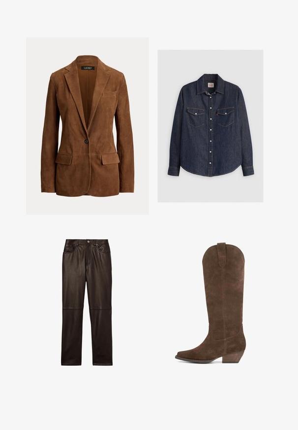 Bruine suède single-button blazer met inkepingrevers, twee voorzakken met kleppen en een borstzak van Lauren Ralph Lauren.; Donkerblauwe denim overhemd met lange mouwen, kraag met knopen aan de voorkant, twee borstzakken met kleppen en contrasterende gele stiksels.; Reiss VERONA REGULAR FIT - Leren broek - chocolate; Bruine nubuck kniehoge laarzen met een puntige neus, gekantelde hak en een afgeronde bovenrand. Heeft een ritsdetail aan de zijkant en een subtiele textuur.