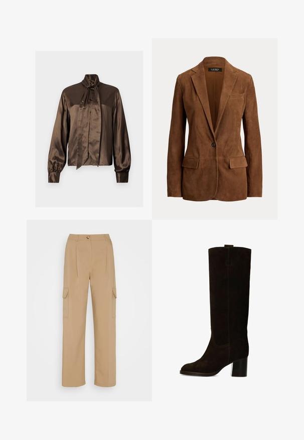 Blazer en daim marron à un bouton, avec revers crantés, deux poches à rabat devant, et une poche poitrine passepoilée signé Lauren Ralph Lauren.; Blouse en satin marron avec un col haut et un détail en nœud, dotée de manches longues et d'une fermeture à boutons, texture lisse et drapé élégant.; Selected SLFCAMMA PANT - Pantalon cargo - desert taupe; Botte haute en daim marron jusqu'au genou, avec un bout légèrement pointu, un talon carré et une couture contrastante le long des coutures. Texture lisse et design minimaliste.
