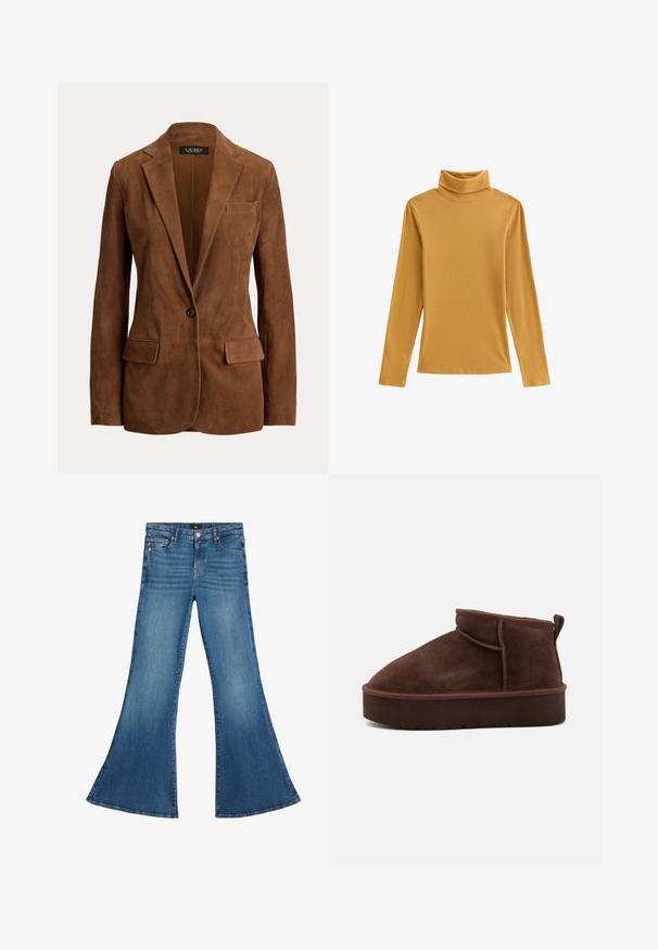 Brauner Wildleder-Ein-Knopf-Blazer mit Kerbklappen, zwei vorderen Klappentaschen und einer Brusttasche von Lauren Ralph Lauren.; Senfgelber Rollkragenpullover aus geripptem Stoff mit langen Ärmeln und figurbetontem Schnitt. Glatte Textur mit hohem Kragen.; Geflarete blaue Jeans mit hellem Waschungseffekt. Sie haben eine Taille mit mittlerer Höhe, ein Design mit fünf Taschen und einen ausgeprägten Glockenboden-Schnitt.; Braune Wildleder-Stiefelette mit runder Spitze, weicher Oberfläche und dicker Plattformsohle. Verfügt über dezente Nähte und eine Lasche an der Rückseite.