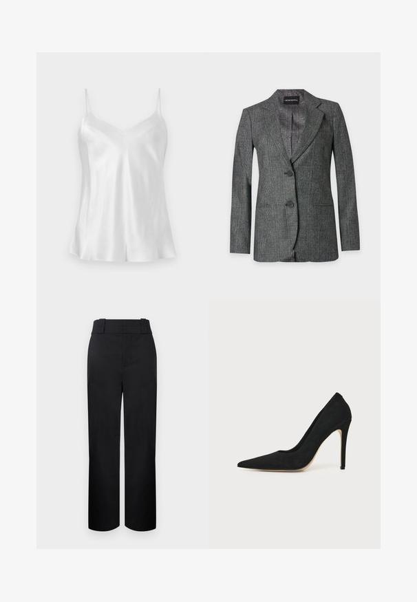 Blazer gris à carreaux avec deux boutons devant, revers à crans et manches longues, posé à plat sur un fond gris clair.; Haut camisole en satin blanc avec fines bretelles spaghetti et décolleté en V, présenté à plat sur un fond neutre.; Pantalon noir taille haute, jambes droites, avec larges passants de ceinture et fermeture avant dissimulée sur un fond clair.; Escarpin stiletto noir à talon haut avec bout pointu et texture lisse, présenté de profil sur un fond clair uni.