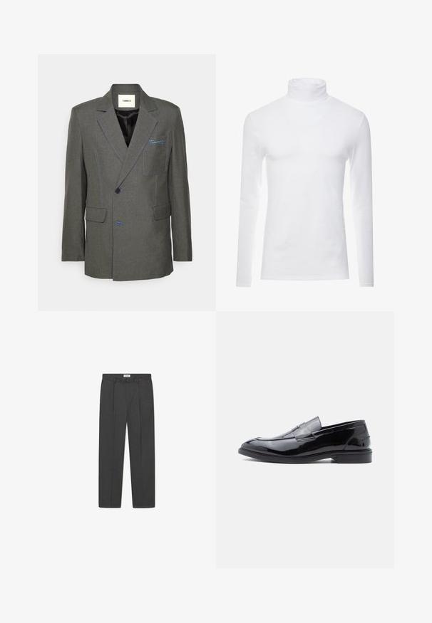 TOMMAZO RICHARD - Americana - grey; Camisa de cuello alto de manga larga blanca, hecha de un tejido suave y elástico. Presenta un diseño ajustado que proporciona una silueta estilizada.; Pantalones grises a medida con un sutil patrón de cuadro, tejido texturizado y pliegues delanteros, presentando una cinturilla con pasadores para cinturón.; Mocasines de charol negro con acabado liso, punta redondeada y detalle decorativo de correa, con perfil bajo y suela de goma.