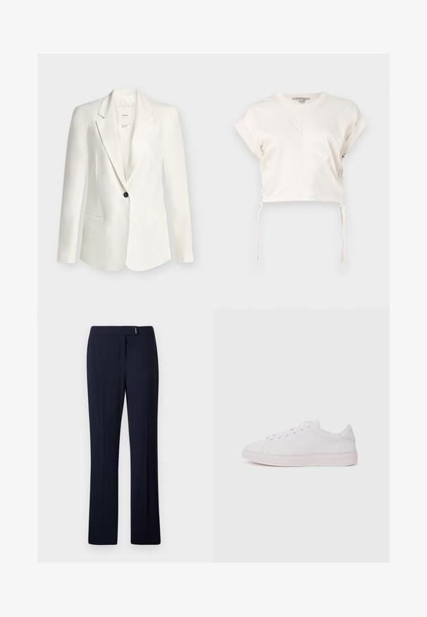 Hvid blazer med enkelt knap, V-udskæring på kraven og to forlommer, vist mod en ensartet lys baggrund.; Cremefarvet cropped top lavet af glat stof, med rund halsudskæring, korte ærmer og justerbare sidebånd. Enkelt, rent design.; Marineblå skræddersyede bukser lavet af et glat stof, med flad front, lige ben og en subtil sølvdetalje i taljen.; Hvide sneakers med en glat læderoverdel, rund tå og flad gummisål. Har snørefunktion og et diskret logo på siden.