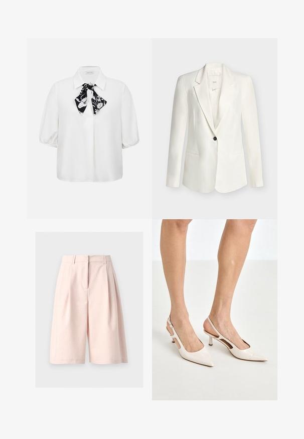 Blazer blanc à un bouton avec des revers à crans et deux poches avant, exposé sur un fond clair uni.; Blouse blanche à manches courtes avec col et foulard fleuri noir et blanc noué au niveau du col.; Short large taille haute rose pâle, longueur genou, avec passants pour ceinture et plis devant sur fond gris clair.; Escarpins à talon slingback en cuir verni beige avec un bout pointu et un talon de 5 cm, présentant des côtés découpés et une fine bride à la cheville.