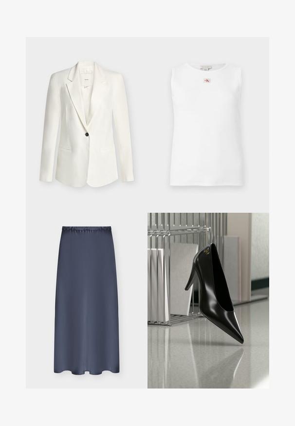 Blazer blanc à un bouton avec des revers à crans et deux poches avant, exposé sur un fond clair uni.; Débardeur blanc sans manches en maille côtelée avec un petit logo Calvin Klein rouge et noir centré juste en dessous de l'encolure.; Jupe bleu marine mi-longue avec taille élastique et tissu lisse, présentée à plat sur un fond clair.; Chaussure noire à talon haut avec bout pointu et logo doré, posée sur une surface réfléchissante près d'un organiseur de dossiers en fil chromé contenant des documents.