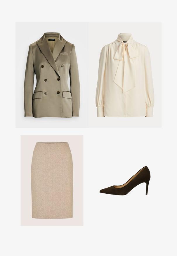 Blazer beige à double boutonnage en satin lisse. Présente de grands boutons ronds, deux poches avant et un col cranté.; Blouse crème à manches longues avec col montant et grand nœud noué au cou, épaules froncées et poignets boutonnés.; Jupe crayon beige longueur genou avec un motif chevrons subtil et sans coutures ni ornements apparents.; Escarpin en daim marron foncé à bout pointu, talon aiguille fin de hauteur moyenne et ouverture basse à l'avant.