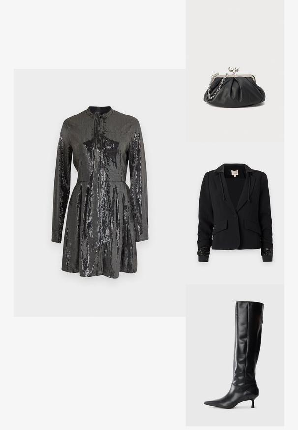 Sort blazer med hætte, struktureret design, to forlommer og ribbede manchetter pyntet med pailletter. Glat stof med skræddersyet pasform.; Sort pailetterklædning med lange ærmer og høj halsudskæring, der har en tætsiddende bodice og A-linjeet skørt. Reflekterende tekstur over hele overfladen.; Sorte læder knæhøje støvler med spids tå og slank buet hæl. Glat tekstur, tætsiddende design og ingen synlig hardware eller mønstre.; Sort læder clutch med samlet tekstur, sølvfarvet metalramme, kys-lås lukning og kædestrop. Glat, blød overflade.
