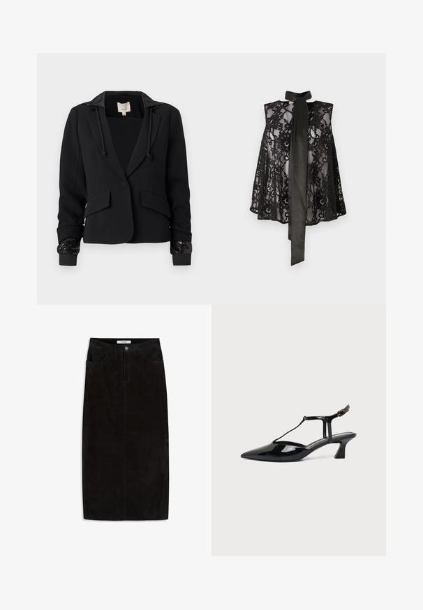 Blazer noir avec capuche, design structuré, deux poches avant et poignets côtelés ornés de sequins. Tissu lisse avec une coupe ajustée.; Haut en dentelle noire avec un design sans manches, doté d'un nœud au cou. La dentelle présente des motifs floraux et une texture transparente, créant un look élégant.; Jupe crayon en suède noir avec une texture lisse, dotée de cinq poches, d'une fermeture à bouton sur le devant et d'une coupe droite.; Chaussure slingback en cuir verni noir à bout pointu avec bride en T et petit talon bloc incliné sur fond blanc.