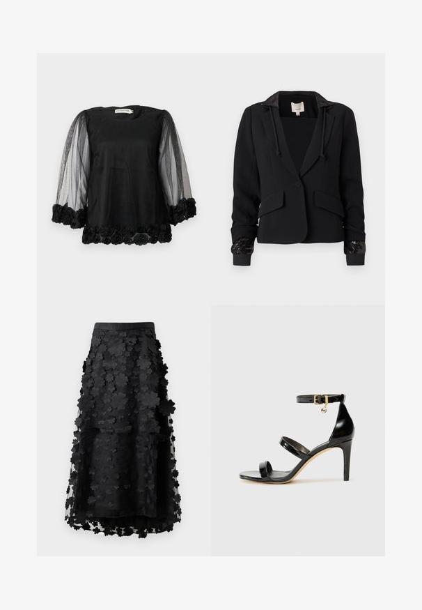 Sort blazer med hætte, struktureret design, to forlommer og ribbede manchetter pyntet med pailletter. Glat stof med skræddersyet pasform.; Sort bluse med en solid stofkrop, tylpufærmer og en blondertrim ved kanten. Har en rund halsudskæring og en afslappet pasform.; Sort midi-nederdel lavet af gennemsigtigt stof med lagdelte blomsterapplikationer. Har en glat talje og en svajende silhuet. Ingen synlige lukninger.; Sorte patenterede lædersandaler med tre stropper, ankelspænde og 10 cm stiletthæl. Har detaljer i guld og et logo charms.