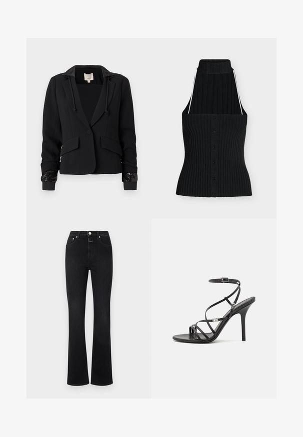 Schwarzer Blazer mit Kapuze, strukturiertem Design, zwei vorderen Taschen und mit Pailletten verzierte gerippte Bündchen. Glatter Stoff mit tailliertem Schnitt.; Schwarzes geripptes ärmelloses Stricktop mit hohem Kragen, knöpfbarem Vorderteil und dünnen weißen Trägern vor einfachem hellem Hintergrund.; Schwarze, ausgestellte Jeans aus Denim mit hoher Taille, fünf Taschen, goldfarbener Hardware und glatter Textur.; Schwarze High-Heel-Sandale mit dünnen Riemen, einem Knöchelverschluss, einer glatten Lederoberfläche und einem schlanken Stiletto-Absatz.