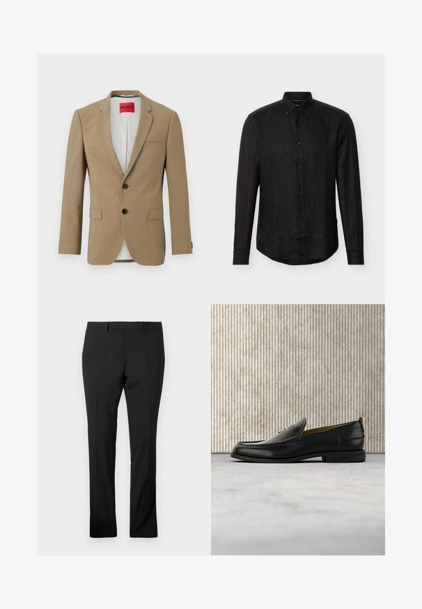 Beiger einreihiger Blazer mit zwei schwarzen Knöpfen, fallendem Revers, zwei Pattentaschen und einem roten "HUGO"-Label im Innenkragen.; Schwarzes Langarm-Hemd mit Knopfleiste, klassischem Kragen und dezentem Logo auf der linken Brust, auf neutralem Hintergrund dargestellt.; Schwarze maßgeschneiderte Hose mit Gürtelschlaufen, vorderer Bügelfalte und geradem Beinaufschnitt auf einem schlichten weißen Hintergrund.; Schwarzer Herren-Slipper aus Leder mit einer krokogeprägten Vorderkappe und einem niedrigen Absatz, im Profil vor neutralem Hintergrund gezeigt.