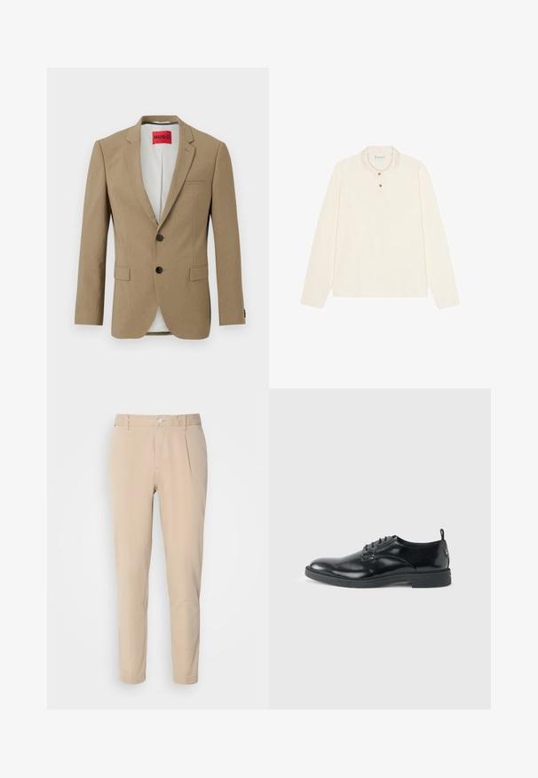 Blazer beige à simple boutonnage avec deux boutons noirs, revers crantés, deux poches à rabat et une étiquette rouge "HUGO" à l'intérieur du col.; Polo à manches longues en crème, avec un col plat, une patte de boutonnage à trois boutons en métal doré et un tissu doux et texturé.; Pantalon beige à coupe slim, fabriqué en tissu tissé. Équipé d'une fermeture à un bouton, d'un devant plissé et de jambes droites.; Chaussure habillée en cuir noir brillant avec un petit talon, fermeture à lacets et bout rond, vue de côté sur un fond uni et clair.