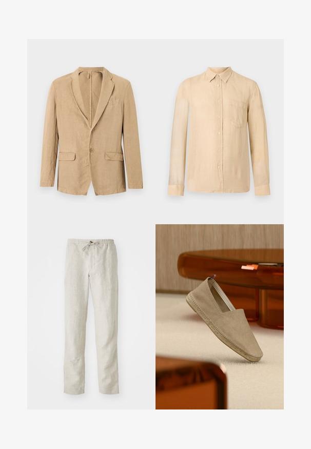 Beige enkeltradet blazer med to knapper, haklap, to klaplommer og en brystlomme, vist på hvid baggrund.; Beige langærmet skjorte lavet af hør, med knaplukket krave, brystlomme og subtile strukturer med synlige sømdetaljer.; Lys beige linnedragt med lige ben, elastisk talje, justerbar snor og ingen synlige mønstre eller metaldele.; Beige lærredsespadrille med vævet sål og lille trikolor hælflig, placeret på et lyst tæppe med ravfarvet møblement i baggrunden.