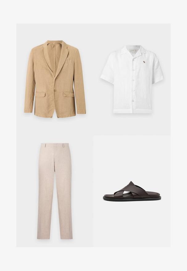 Blazer beige à simple boutonnage avec deux boutons, col cranté, deux poches à rabat et une poche poitrine, présenté sur un fond blanc.; Chemise blanche en lin à manches courtes, boutonnée, avec col camp et petit logo élan marron sur la poitrine gauche.; Pantalons taillés beige clair en tissu texturé. Design à jambe droite avec deux poches avant et un devant plat. Pas de matériel visible.; Stuart Weitzman BERKLEY - Mules - espresso
