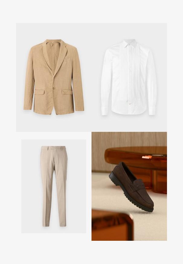 Beige enkelknopssluiting blazer met twee knopen, een inzetkraag, twee klepzakken en één borstzak, weergegeven op een witte achtergrond.; Witte lange mouwen blouse van gladde stof, met verticale plooien aan de voorkant, een standaard kraag en knoopsluiting.; Beige tapschoenen gemaakt van lichtgewicht stof, met voorplooien, twee zijzakken en een gladde textuur.; Donkerbruine suède loafer met een grove zwarte zool, getoond boven een beige tapijt en nabij doorzichtige amberkleurige meubels.
