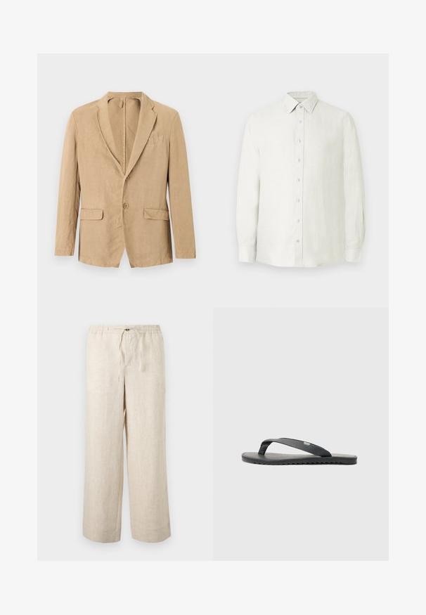 Beige enkelknopssluiting blazer met twee knopen, een inzetkraag, twee klepzakken en één borstzak, weergegeven op een witte achtergrond.; Lichtbeige linnen overhemd met een knoopsluiting aan de voorkant, lange mouwen en een klassieke kraag. Voorzien van een klein logo op de borst.; Beige linnen wijde broek met elastische tailleband, voorzijde knop en trekkoordsluiting, weergegeven op een effen lichte achtergrond.; Zwarte flip-flop met textuur in de bandjes, platte zool en gekartelde rand. Gemaakt van rubber met een gladde afwerking en minimalistisch ontwerp.