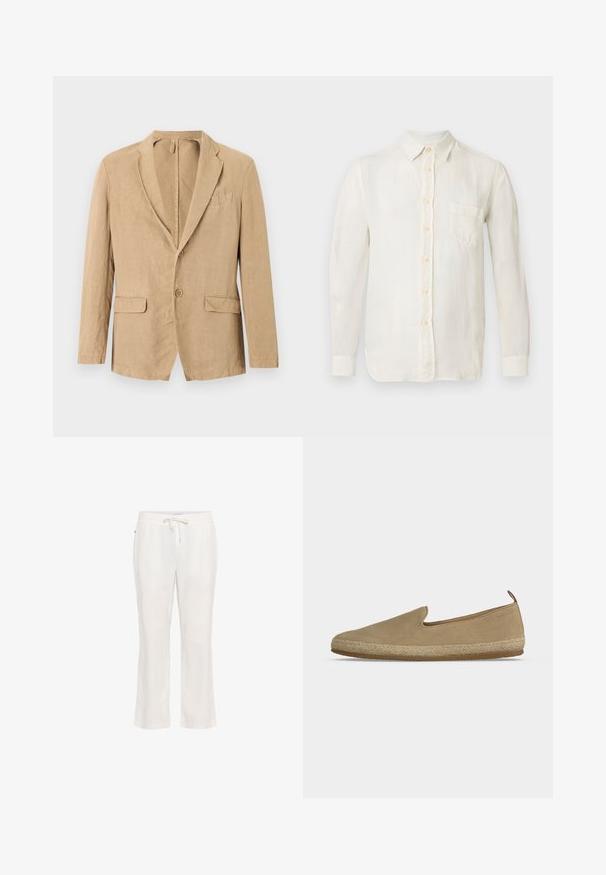 Beige enkeltradet blazer med to knapper, haklap, to klaplommer og en brystlomme, vist på hvid baggrund.; Langærmet, offwhite hørskjorte med krave, knaplukning og en enkelt brystlomme. Blød tekstur med en glat finish.; Lettere, hvide linnedbukser med elastisk talje og snorbindning. Lige ben-design med en glat tekstur og uden bemærkelsesværdige mønstre.; Beige slip-on espadrille med ruskindsoverdel, flettet reb-mellemsål, gummiydersål og trækflig ved hælen mod en ensfarvet lys baggrund.