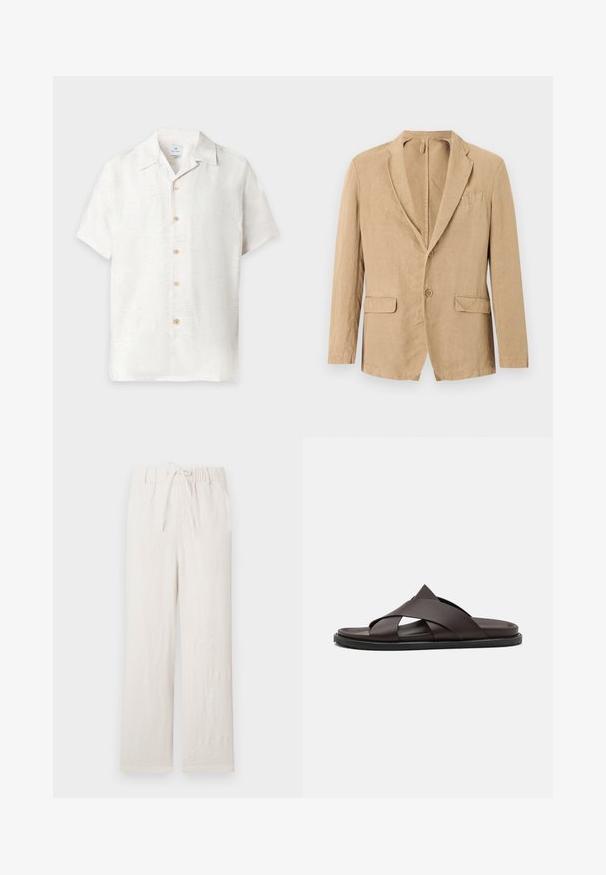 Blazer beige à simple boutonnage avec deux boutons, col cranté, deux poches à rabat et une poche poitrine, présenté sur un fond blanc.; Chemise blanche à manches courtes avec boutons, motif floral subtil et col classique, affichée sur un fond uni.; Pantalons en lin beige clair avec une taille élastique, cordon de serrage, coupe large, texture lisse et sans motifs ni éléments visibles.; Stuart Weitzman BERKLEY - Mules - espresso
