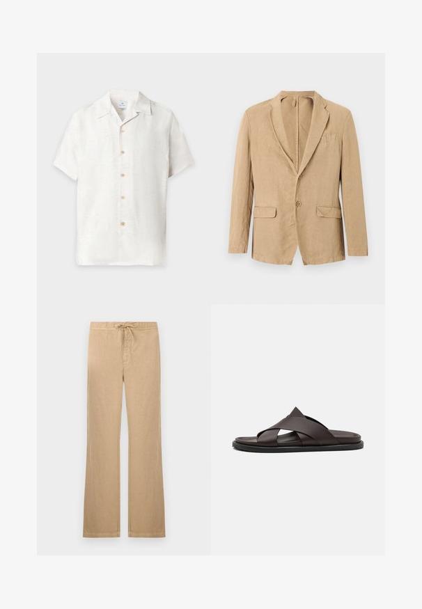 Blazer beige à simple boutonnage avec deux boutons, col cranté, deux poches à rabat et une poche poitrine, présenté sur un fond blanc.; Chemise blanche à manches courtes avec boutons, motif floral subtil et col classique, affichée sur un fond uni.; Pantalon beige à jambes droites avec taille élastique et cordon de serrage, braguette à l'avant, sans poches visibles, présenté sur fond blanc.; Stuart Weitzman BERKLEY - Mules - espresso