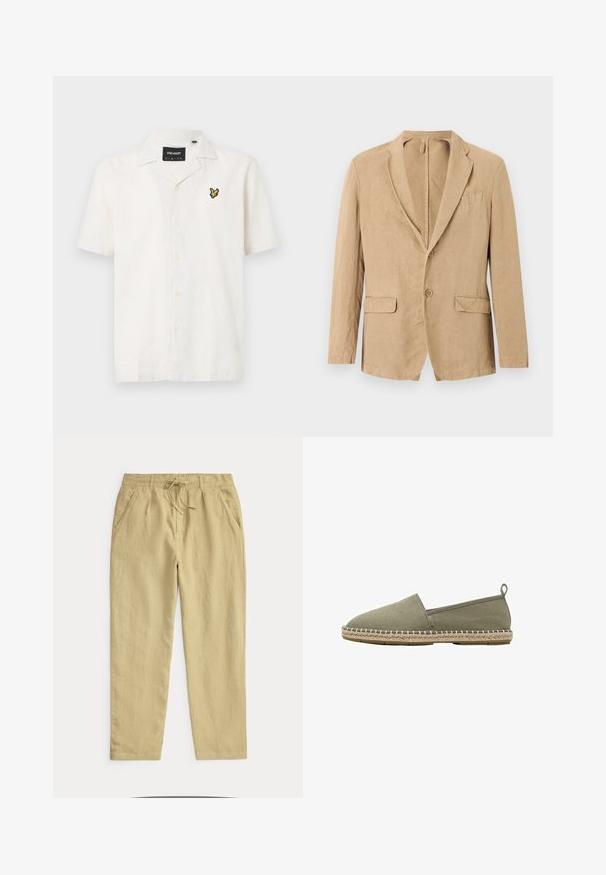 Beige yksirivinen bleiseri, jossa on kaksi nappia, lovikaulus, kaksi läppätaskua ja yksi rintatasku, esillä valkoisella taustalla.; Lyhythihainen, kermaisen värinen pellavapaita, jossa on kaulus. Paidan vasemmassa rinnassa on keltainen ja musta brodeerattu logo, ja siinä on seitsemän nappia.; Vaaleanbeiget rentoa housut joustavalla vyötäröllä ja kiristysnyörillä, sivutaskut ja suorat lahkeet yksivärisellä taustalla.; Oliivinvihreä kankaasta valmistettu slip-on-espadrille, jossa on juuttikääreinen pohja ja vetotappi kantapäässä, valkoisella taustalla esillä.