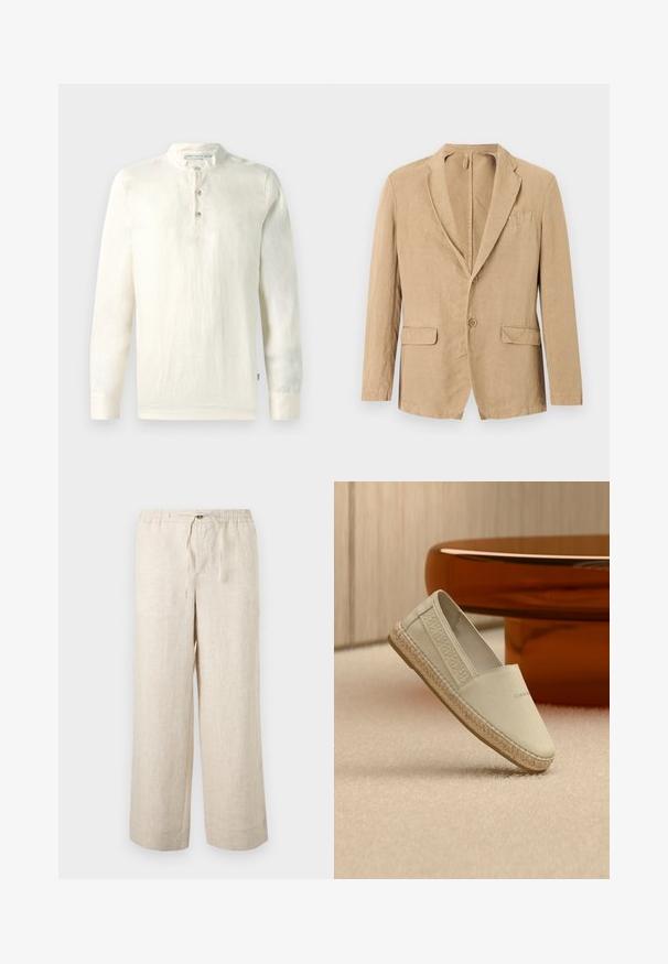 Beige enkeltradet blazer med to knapper, haklap, to klaplommer og en brystlomme, vist på hvid baggrund.; Langærmet skjorte i lys cremefarvet bomuld, med mandarinkrave, treknaplukning og en tekstureret overflade.; Beige linnedragt med vidde ben, elastisk talje, forreste knap og snøre lukning, vist på en ensfarvet lys baggrund.; Beige lærredssko med flettet jutesål, hvilende på beige tæppe nær brunt rundt træmøbel.
