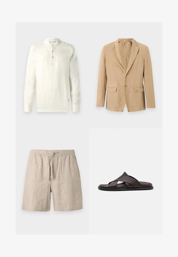 Beiger einreihiger Blazer mit zwei Knöpfen, Revers mit Kerbe, zwei Pattentaschen und einer Brusttasche, auf weißem Hintergrund präsentiert.; Langarmhemd aus leichtem Cremebaumwollstoff mit Stehkragen, dreiknöpfiger Knopfleiste und strukturiertem Finish.; Beige Leinen-Shorts mit elastischem Bund und verstellbarem Kordelzug, mit Seitentaschen und lockerem Schnitt.; Stuart Weitzman BERKLEY - Pantolette flach - espresso