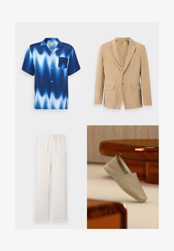 Beige enkeltradet blazer med to knapper, haklap, to klaplommer og en brystlomme, vist på hvid baggrund.; Kortærmet skjorte med knapper i gradient blå med hvide bølger. Har en brystlomme og glat, blankt stof.; Lys beige linned bukser med elastisk talje, snor, bred benpasform, glat tekstur og uden synlige mønstre eller metaldele.; Beige lærredsespadrille med vævet sål og lille trikolor hælflig, placeret på et lyst tæppe med ravfarvet møblement i baggrunden.