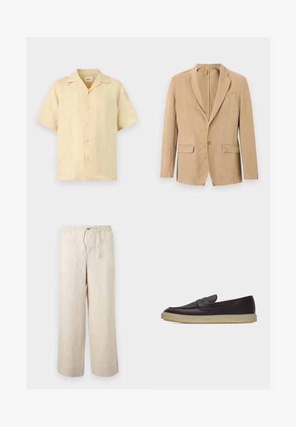 Blazer beige à simple boutonnage avec deux boutons, col cranté, deux poches à rabat et une poche poitrine, présenté sur un fond blanc.; Chemise en lin beige à manches courtes, boutonnée, avec un col cranté, présentée sur un fond clair.; Pantalon large en lin beige avec taille élastique, bouton à l'avant et fermeture par cordon, présenté sur un fond clair uni.; Mocassin en cuir marron foncé avec semelle en caoutchouc beige et design à enfiler, présenté en profil latéral sur fond blanc.