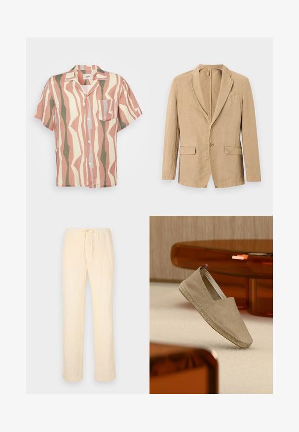 Beiger einreihiger Blazer mit zwei Knöpfen, Revers mit Kerbe, zwei Pattentaschen und einer Brusttasche, auf weißem Hintergrund präsentiert.; Kurzarmpfeliges Hemd mit einem hellrosa, beigen und grünen Zickzackmuster; enthält eine einzelne Brusttasche und weiße Knöpfe.; Helle, lockere Hosen aus weichem Stoff, mit einem elastischen Bund und Kordelzug sowie geraden Beinen.; Beige Leinwand-Espadrille mit gewebter Sohle und kleinem trikolorem Fersenlasche, platziert auf einem hellen Teppich mit bernsteinfarben getönter Einrichtung im Hintergrund.
