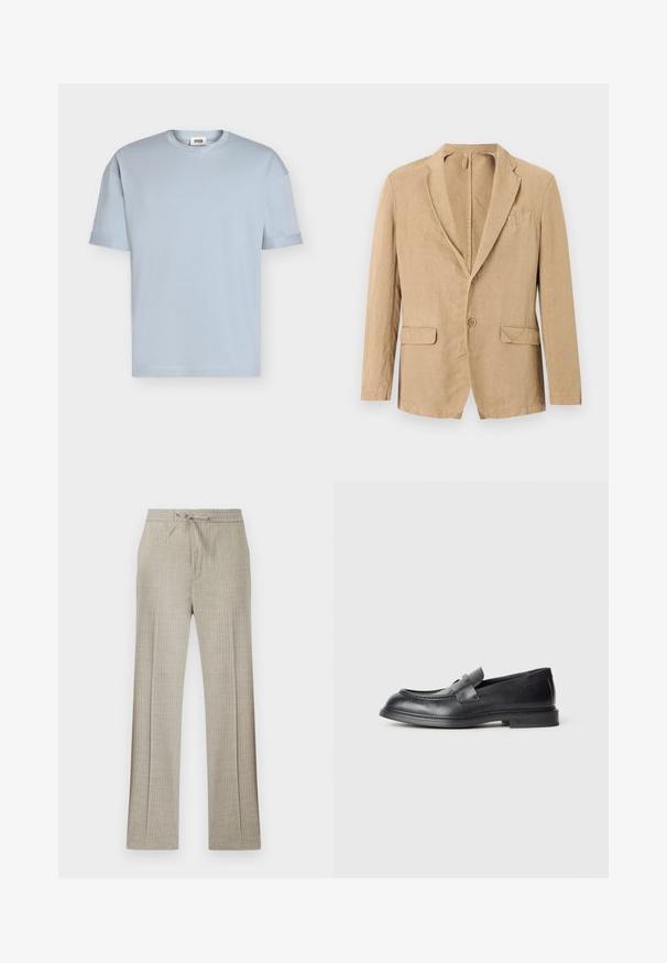 Blazer beige à simple boutonnage avec deux boutons, col cranté, deux poches à rabat et une poche poitrine, présenté sur un fond blanc.; T-shirt bleu clair à manches courtes et col rond avec une petite étiquette de marque à l'intérieur du col, présenté sur un fond blanc uni.; Pantalon beige en mélange de lin avec fines rayures blanches discrètes, taille à cordon et jambes droites.; Mocassins en cuir noir avec une finition texturée, dotés d'une bride décorative à l'avant et d'un bout arrondi. Semelle en caoutchouc pour plus de durabilité.