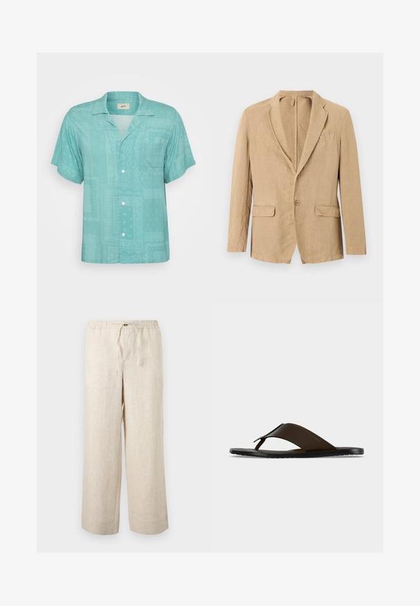 Beige enkeltradet blazer med to knapper, haklap, to klaplommer og en brystlomme, vist på hvid baggrund.; Kortærmet skjorte med krave i lys teal stof, der har et subtilt mønster design med lapper og teksturer. En brystlomme.; Beige linnedragt med vidde ben, elastisk talje, forreste knap og snøre lukning, vist på en ensfarvet lys baggrund.; Mørkebrune læderflipflops med bred ankelrem og sort flad sål vist i sideprofil på grå baggrund.