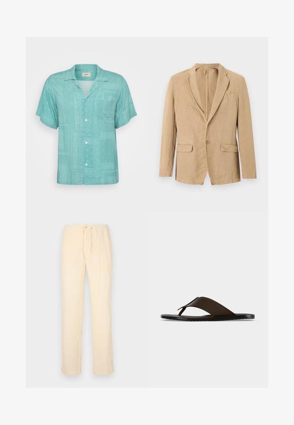 Blazer beige de un solo pecho con dos botones, solapa con muesca, dos bolsillos con solapa y un bolsillo en el pecho, mostrado sobre un fondo blanco.; Camisa de manga corta con cuello en tejido de color verde claro que presenta un diseño sutil y estampado con parches y texturas. Con un bolsillo en el pecho.; Pantalones de un amarillo claro, holgados, fabricados en una tela suave, con una cintura elástica y cordón ajustable, y piernas rectas.; Sandalia chancla de cuero marrón oscuro con correa ancha en el tobillo y suela plana negra mostrada de perfil sobre fondo gris.