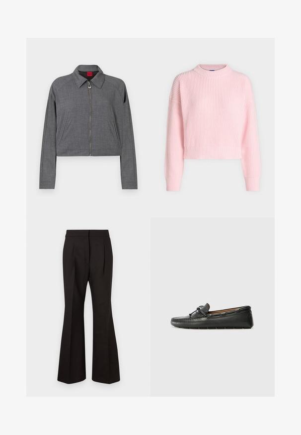 Veste grise à manches longues avec col, fermeture zippée à l'avant avec tirette circulaire, et poches latérales, étalée à plat sur un fond blanc.; Pull en grosse maille rose clair avec manches longues, col rond côtelé, poignets et ourlet, présenté sur un fond neutre.; Pantalons évasés noirs au tissu lisse, dotés d'une taille haute, de poches latérales et de pinces à l'avant pour un détail de design supplémentaire.; Bateau en cuir noir avec un bout arrondi, des détails de couture, un petit accent en nœud et une semelle en caoutchouc. Texture lisse et design épuré.