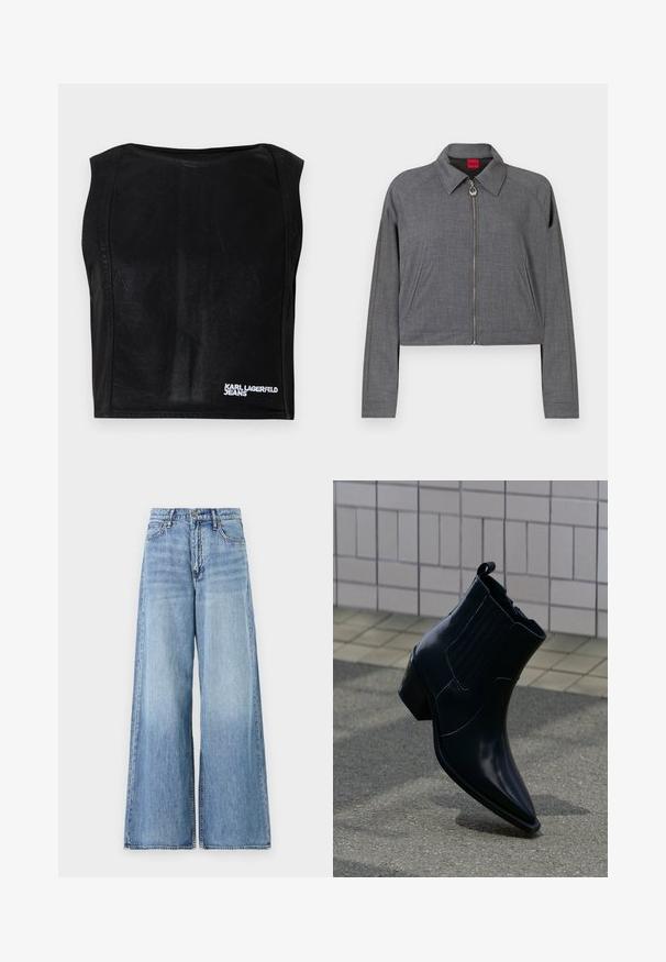 Grå langærmet jakke med krave, lynlåslukning foran med rundt trækstykke og sidelommer, lagt fladt på en hvid baggrund.; Sort ærmeløs kort top med bådudskæring og hvid "KARL LAGERFELD JEANS" logo nederst til højre.; Lyseblå vidde jeans lavet af denim. Har en høj talje, store udvidede ben og standard fem-pockets design med metaldetaljer.; Skinnende sort læderankelstøvle med blokhæl, elastiske sidepaneler og trækflig, placeret opret på tekstureret fortov nær flisebelagt væg.