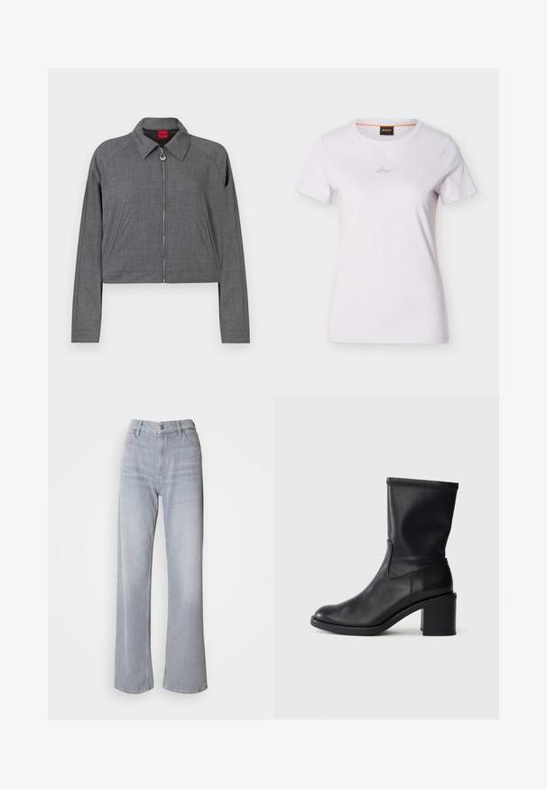Grijze lange mouwen jas met kraag, ritssluiting aan de voorkant met een ronde trekker en zijzakken, plat gelegd op een witte achtergrond.; Witte T-shirt met korte mouwen en ronde hals, met een klein cursief logo in het midden van de borst en een zwart label met oranje rand aan de binnenkant van de kraag.; Lichtgrijze wijd-uitlopende jeans met een hoge taille, gemaakt van denim. Voorzien van zijzakken, een ritssluiting en subtiele vervagingen door het geheel.; Zwarte leren enkellaars met een ronde neus, een gladde textuur en een chunky hak, met een strak schacht en subtiele stiksels.