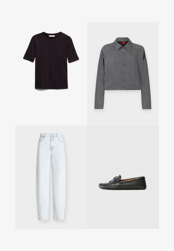 Graue langärmelige Jacke mit Kragen, vorderer Reißverschluss mit rundem Zipper und Seitentaschen, flach auf einem weißen Hintergrund liegend.; Schwarzes T-Shirt mit kurzen Ärmeln aus weicher Baumwolle, mit rundem Halsausschnitt und glatter, gleichmäßiger Textur in einem schlichten Design.; Hellblaue, locker sitzende Jeans mit hoher Taille, Vordertaschen und Knopfverschluss vor einfarbigem Hintergrund.; Schwarze Lederbootsschuhe mit rundem Zehenbereich, gestickten Details, kleinem Schleifenakzent und Gummisohle. Glatte Textur und schlankes Design.