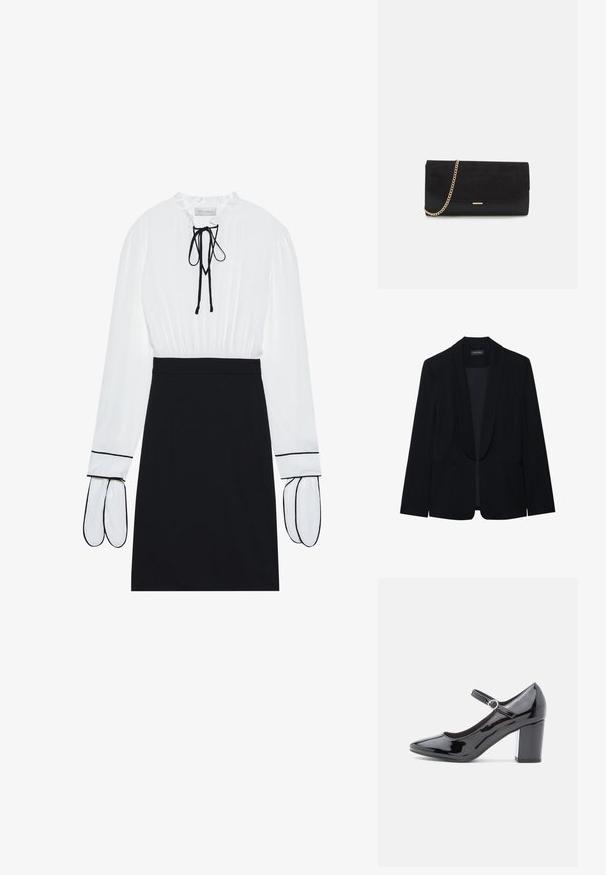 Blazer noir avec un revers en pointe, fermeture à un bouton, deux poches avant et un tissu lisse et texturé. Sans motifs ni embellissements visibles.; Blouse blanche avec un col froncé et un cordon de serrage ; jupe noire ajustée avec des passepoils blancs contrastants sur les manches. Texture de tissu lisse.; Chaussure à talon haut en cuir verni noir avec un bout rond, une bride de cheville et un talon carré. Fini brillant avec une texture lisse.; Porte-monnaie noir en daim avec une finition texturée, doté d'une chaîne dorée et d'un design épuré et angulaire.