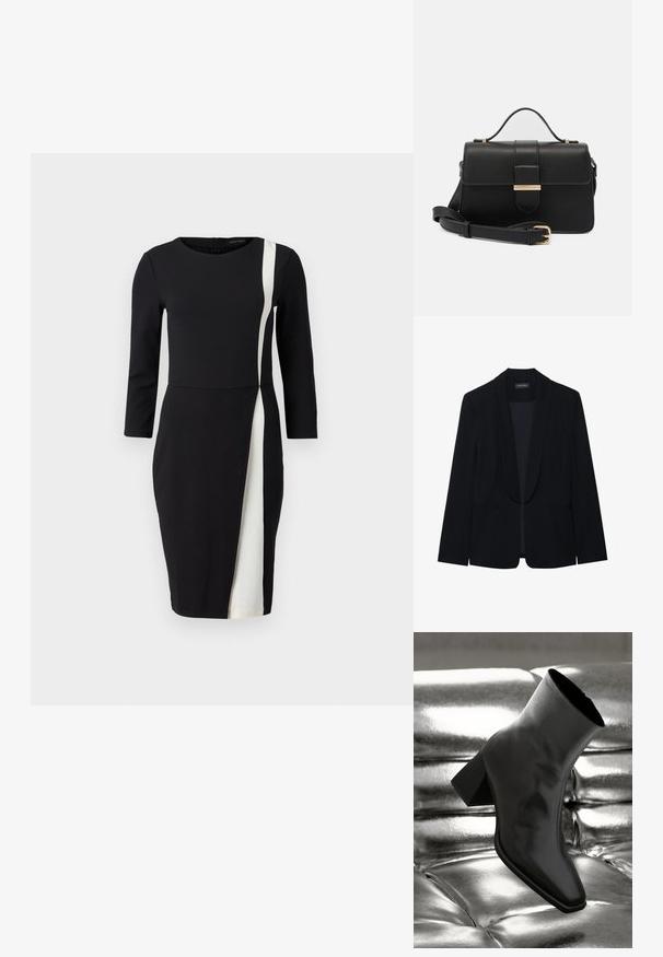 Sort blazer med spids slag, enkelt knaplukning, to forlommer og et glat, struktureret stof. Ingen synlige mønstre eller udsmykninger.; Sort kjole med trekvartærmer, der har en hvid diagonalt stribe. Fremstillet af glat stof, tætsiddende talje og knælangt design.; Sorte ankelstøvler lavet af glossy materiale med firkantet tå og spidse hæle, sat mod en skinnende sølv tuftet baggrund.; Sort læderhåndtaske med gyldne metalaccenter, rektangulær form, flaplukning, justerbar skulderrem, glat tekstur, minimalistisk design.