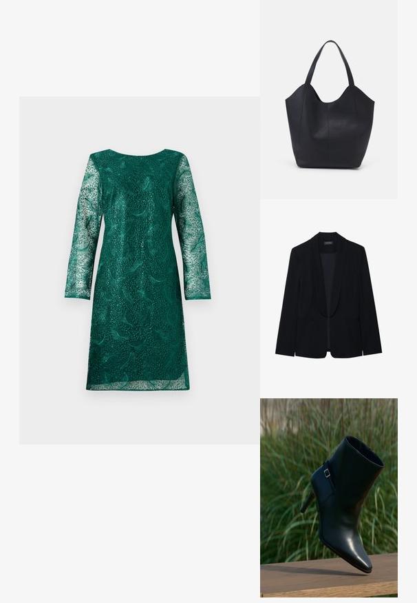 Zwarte blazer met een piekrevers, enkele knoopsluiting, twee cargopockets en een gladde, gestructureerde stof. Geen zichtbare patronen of versieringen.; Groene kanten jurk met lange mouwen en een ronde halslijn. Beschikt over complexe bloemenpatronen en heeft een iets losse pasvorm.; Zwarte leren enkellaars met een puntige neus, gestapelde hak, glinsterende textuur en een decoratieve band met een zilverkleurige gesp.; Zwarte tote tas van glad leer, met een gebogen, open bovenkant en twee schouderbanden, en een minimalistisch ontwerp.