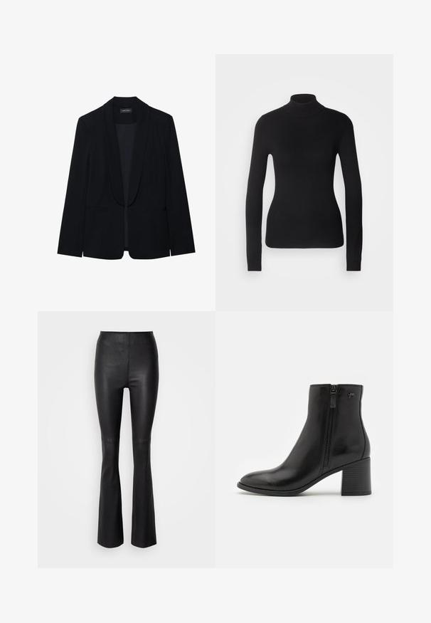 Schwarzer Blazer mit Reverskragen, einer Knopfleiste, zwei vorderen Taschen und einem glatten, strukturierten Stoff. Keine sichtbaren Muster oder Verzierungen.; Schwarzer Rollkragenpullover aus leichtem Strickgewebe. Mit langen Ärmeln, taillierter Passform und weichem Ripptextil.; Schwarze, aus glattem Kunstleder gefertigte, ausgestellte Hose mit hohem Bund und Nahtdetails oberhalb des Knies.; Schwarze Knöchelstiefel aus glattem Leder mit einem seitlichen Reißverschluss. Sie verfügen über eine spitze Schuhspitze und einen strukturierten Blockabsatz für Stabilität.