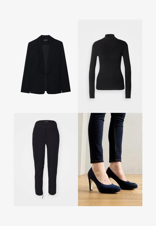 Blazer noir avec un revers en pointe, fermeture à un bouton, deux poches avant et un tissu lisse et texturé. Sans motifs ni embellissements visibles.; Pull à col roulé noir en maille légère. Il possède des manches longues, une coupe ajustée et une texture côtelée douce.; Pantalon noir avec une texture lisse, présentant un design ajusté, une taille élastique, deux poches et des poignets ajustables avec cordons de serrage.; Chaussures à talons hauts en velours bleu marine avec un bout rond et un talon blanc contrastant. Portées avec un jean skinny en denim sombre sur un sol en bois.