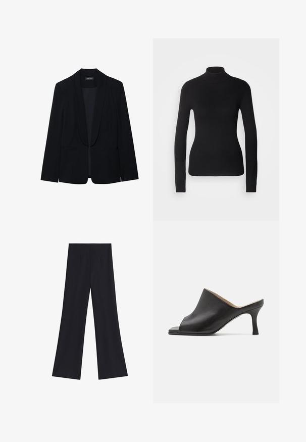 Sort blazer med spids slag, enkelt knaplukning, to forlommer og et glat, struktureret stof. Ingen synlige mønstre eller udsmykninger.; Sort turtleneck sweater lavet af let strikket stof. Har lange ærmer, et tætsiddende design og en blød ribbet tekstur.; Sorte vidde bukser med høj talje og forreste folder, vist på en ensfarvet hvid baggrund.; Selected ASHLEY - Mules med hæl - black