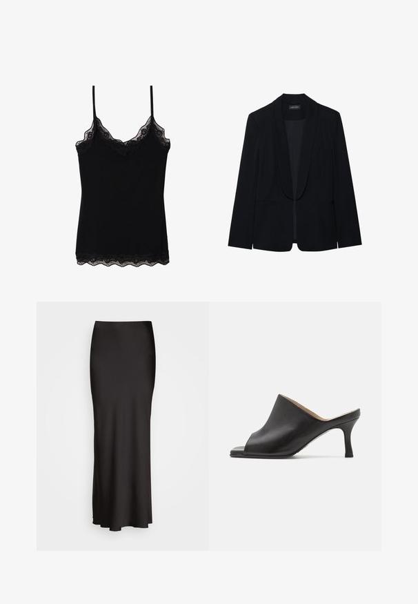 Schwarzer Blazer mit Reverskragen, einer Knopfleiste, zwei vorderen Taschen und einem glatten, strukturierten Stoff. Keine sichtbaren Muster oder Verzierungen.; Schwarzes Spaghetti-Top mit verstellbaren Trägern, einem gewellten Spitzenbesatz entlang des Ausschnitts und Saums sowie einer figurschmeichelnden Passform. Hergestellt aus weichem Stoff.; Schwarzer, bodenlanger Satinrock mit glatter Textur, tailliertem Bund und A-Linien-Silhouette, ohne sichtbare Verzierungen oder Muster.; Selected ASHLEY - Pantolette hoch - black