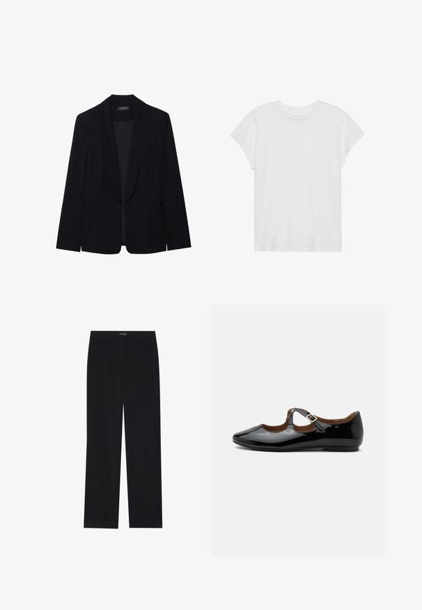 Blazer noir avec un revers en pointe, fermeture à un bouton, deux poches avant et un tissu lisse et texturé. Sans motifs ni embellissements visibles.; T-shirt blanc à manches courtes, col rond, coupe décontractée, en tissu de coton doux. Texture lisse, sans motifs ni logos.; Pantalon en velours côtelé noir avec une coupe droite, doté d'une taille plate et sans poches visibles, texture lisse et détail en côtes verticales.; Chaussure plate Mary Jane en cuir verni noir avec deux découpes et une bride à boucle dorée sur fond blanc.