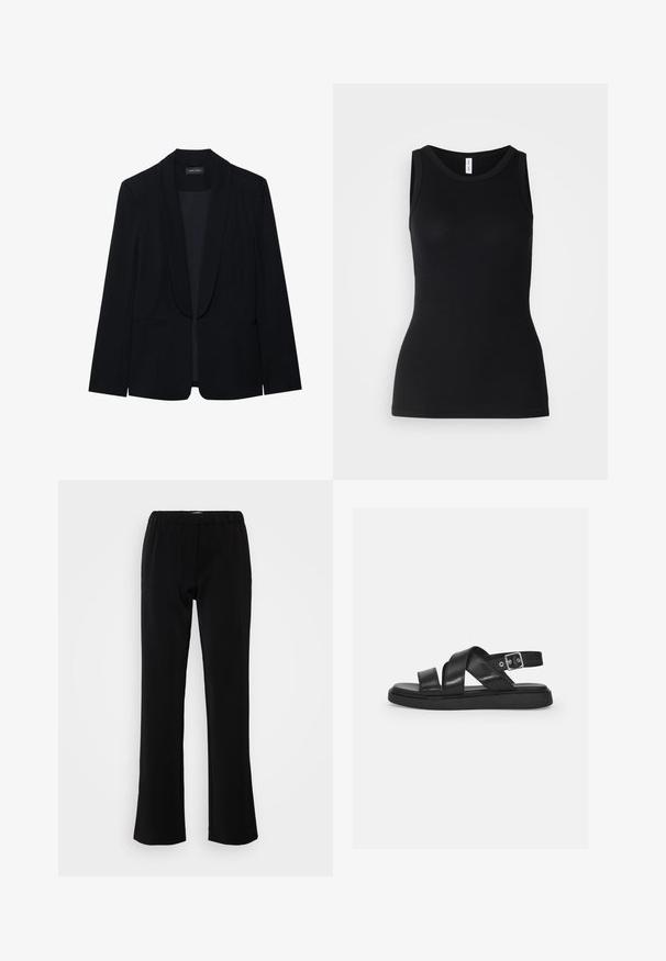 Blazer negro con solapa de pico, cierre de un botón, dos bolsillos frontales y una tela suave y texturizada. Sin patrones ni adornos visibles.; Top sin mangas negro hecho de tela acanalada, con un escote redondo y un diseño ajustado, con una textura suave y sin patrones.; Pantalones negros con un diseño acampanado, confeccionados en una tela suave. Presentan una cinturilla elástica para mayor comodidad y una silueta limpia y sencilla.; Sandalias de cuero negro con tiras cruzadas, hebilla ajustable en el tobillo, suela plana y diseño minimalista. Textura suave con acabado mate.