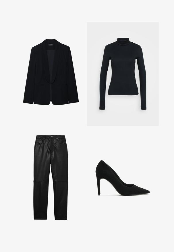 Sort blazer med spids slag, enkelt knaplukning, to forlommer og et glat, struktureret stof. Ingen synlige mønstre eller udsmykninger.; Sort langærmet ribbestrikket sweater med høj hals og tætsiddende silhuet på en lys ensfarvet baggrund.; Reiss VERONA REGULAR FIT - Skindbukser - black; Sorte ruskind stiletto-sko med spids tå, glat tekstur og en slank silhuet; har en høj hæl og minimalistisk design.